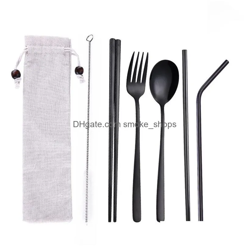 colour 304 stainless steel straw spoon chopsticks straw combination creative titanium plating portable tableware 7 sets w9595