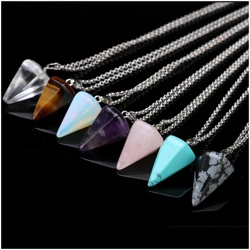 fashion natural stone cone pendant necklace pink stone pendant conical section pendulum hexagon crystal pendant necklace female