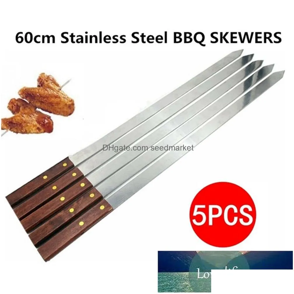 5pcs stainless steel bbq skewers long handle barbecue needle fork kebab grill skewer camping picnic tool factory price expert latest style original design