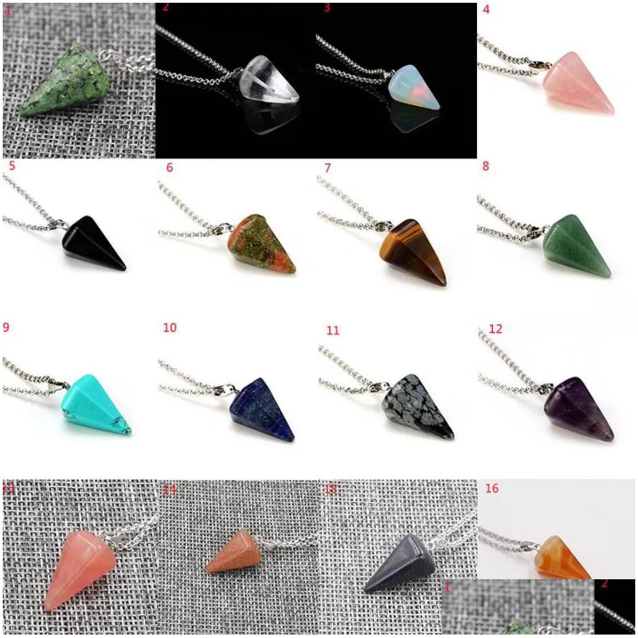 fashion natural stone cone pendant necklace pink stone pendant conical section pendulum hexagon crystal pendant necklace female