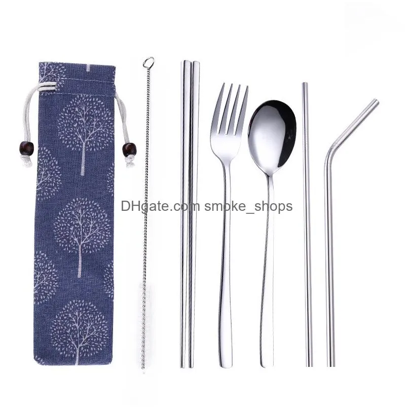 colour 304 stainless steel straw spoon chopsticks straw combination creative titanium plating portable tableware 7 sets w9595