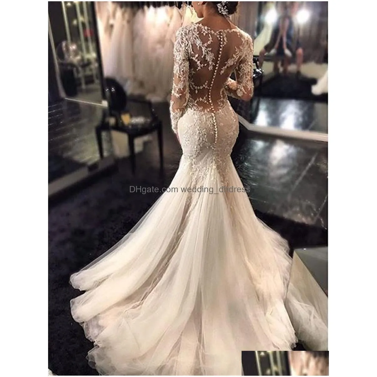 trumpet/mermaid v-neck long sleeves lace court train tulle applique lace wedding dresses illusion back back bridal dress with pick up