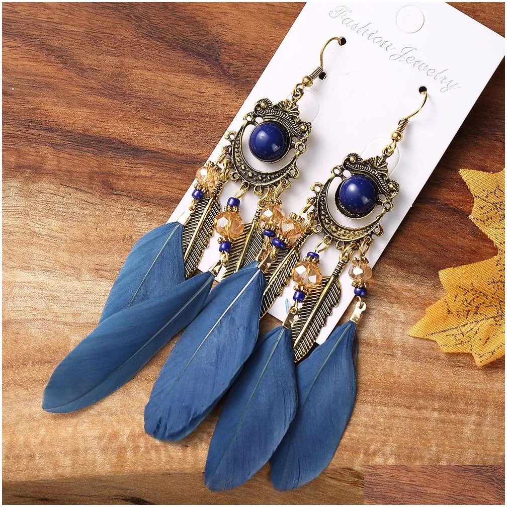 summer bohemian long feather dangle earrings for women beach chain tassel drop earring wedding bride jewelry oorbellen hangers