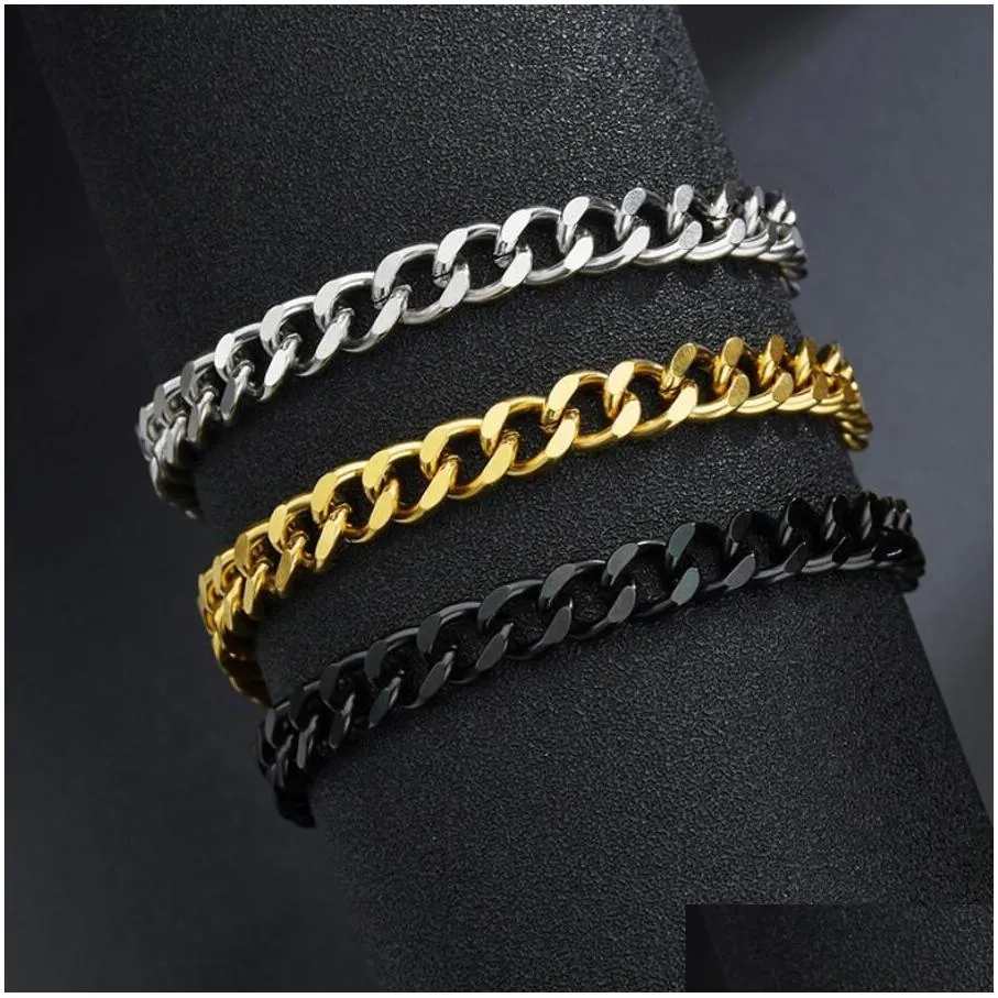 fashion hip hop 3/5/7/mm wide curb cuban link chain bracelets for men women jewelry anti allergy stainless steel wristband gifts