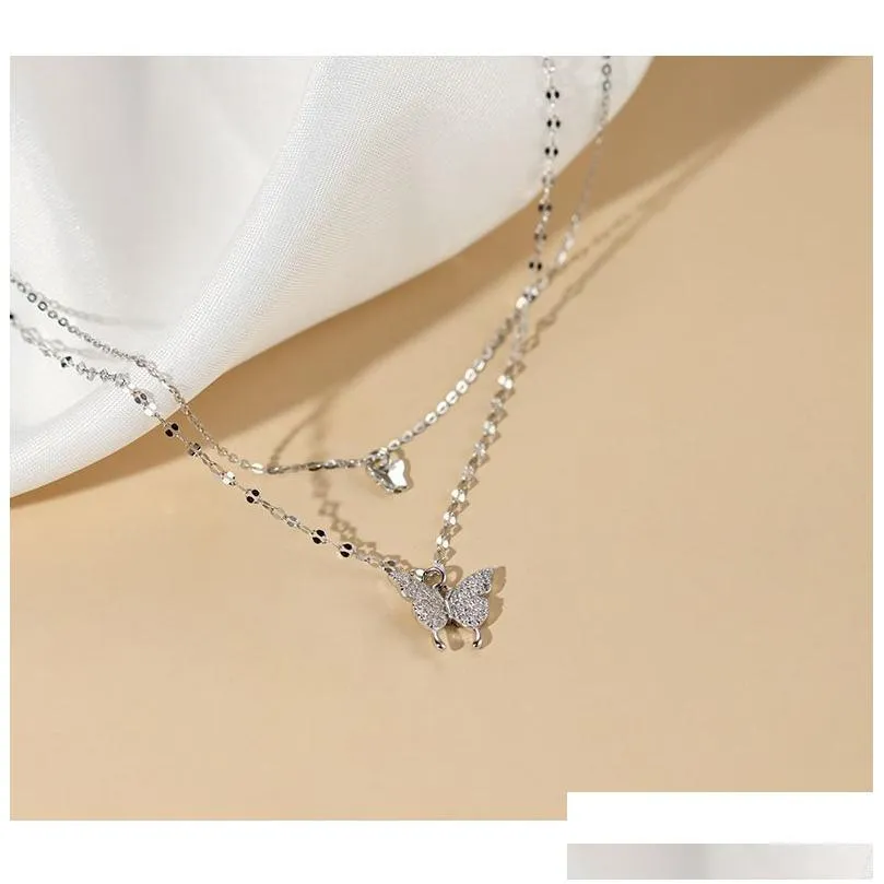 silver shiny butterfly tassel necklace female exquisite double layer pendant clavicle chain wedding party jewelry