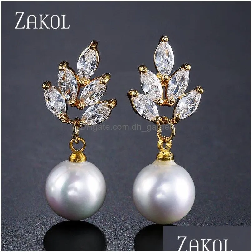 Delicate Cubic Zircon Leaf Dangle Earrings For Women Fashion Round Imitation Pearl Bridal Wedding Jewelry Gift Drop Delivery Dhgarden Ot8Eh