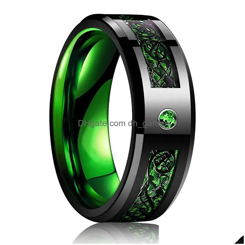 Fashion Black Wedding Rings For Men Inlaid Green Zircon Punk Stainless Steel Carbon Fibre Ring Drop Delivery Dhgarden Ot2Ne