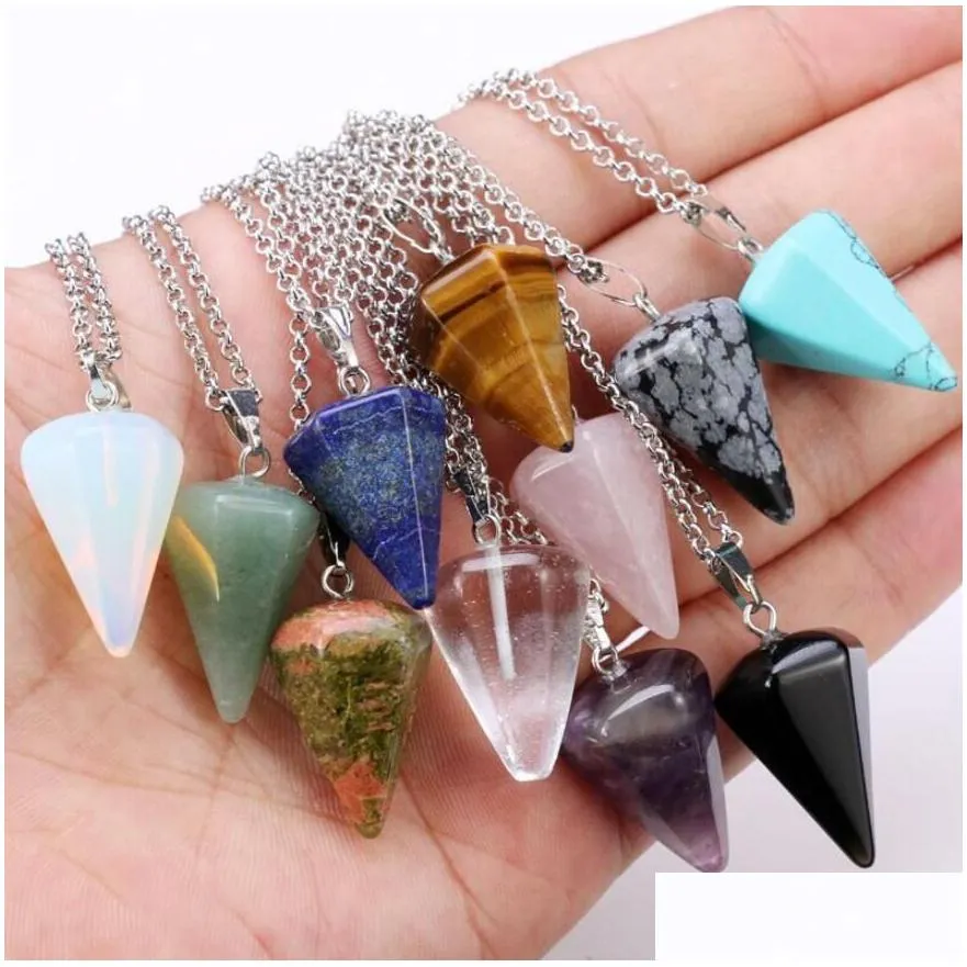 fashion natural stone cone pendant necklace pink stone pendant conical section pendulum hexagon crystal pendant necklace female