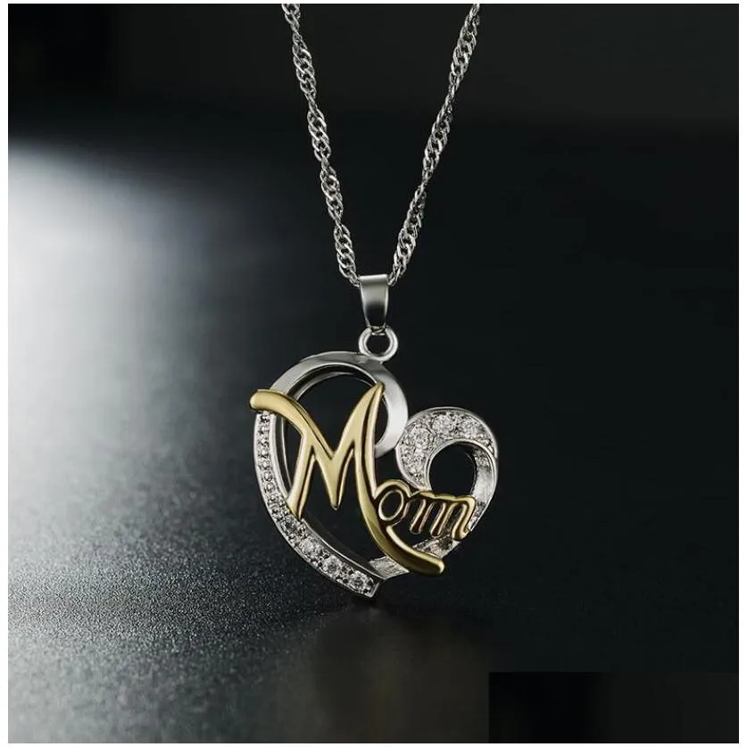 fashion letter mom heart shape inlaid crystal pendant necklace mother`s day gift high quality jewelry wholesale lots bulk 7 colors