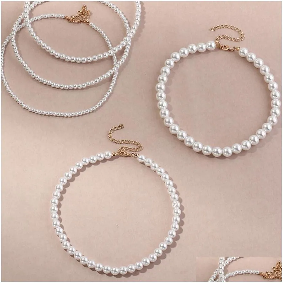 handmade vintage simulation round pearl choker necklace elegant simple adjustable multiple sizes beaded necklace for women girls