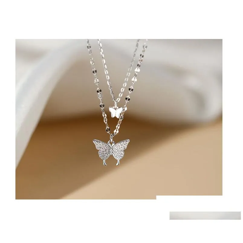 silver shiny butterfly tassel necklace female exquisite double layer pendant clavicle chain wedding party jewelry