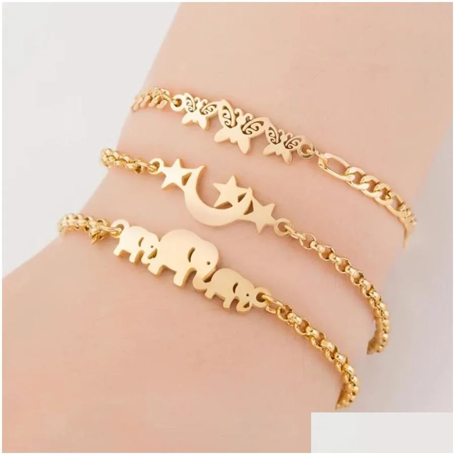 bohemia stainless steel charm bracelets for women cute moon star butterfly elephant bracelets & bangles gold color jewelrys