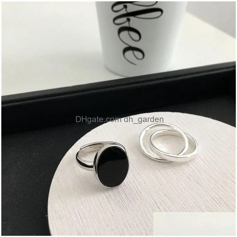 Simple Fashion Black Drop Glaze Oval Shaped Sier Color Open Ring For Women Party Jewelry Gifts S-R696 Drop Delivery Dhgarden Otw49