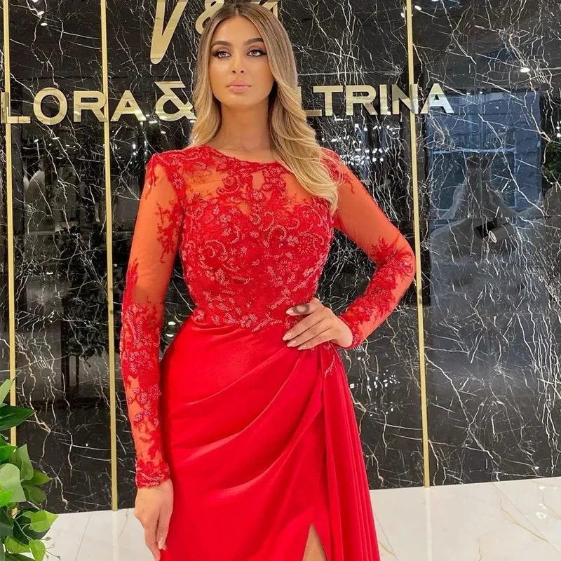 Red Prom Evening Dresses Red Long Sleeves Mermaid Split Party Dress Floor Length Satin Cocktail Gowns Arabia