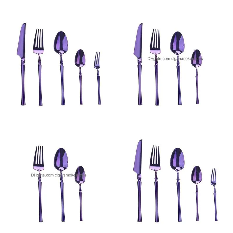 5 pcs/set purple stainless steel cutlery flatware set knife fork spoon dinnerware set western dessert high grade tableware set