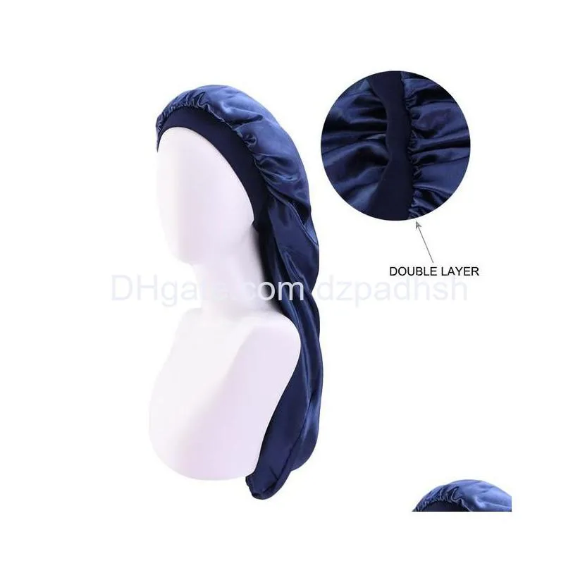 Hair Accessories Fashion Long Satin Bonnet Sleep Cap With High Elastic Band Night Care Nightcap For Women Men Chemo Drop Delivery Pr Dhpnz