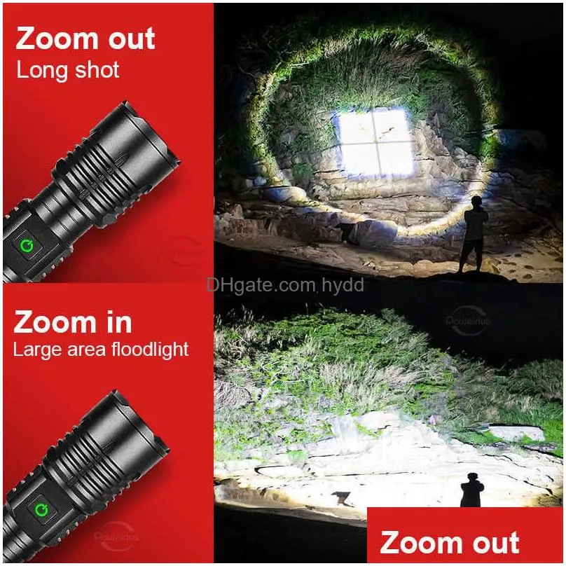 Flashlights Torches 50000000 Lumens Led Flashlight Super Bright Rechargeable Torch Light Powerf Self Defense Cam Work Flash Drop Del Dhg1L