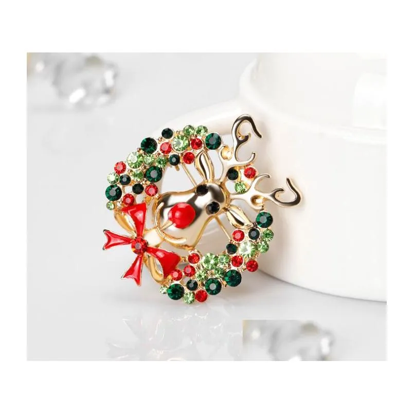 christmas brooch pins multicolor rhinestone enamel bowknot reindeer brooches for women party xmas gift jewelry gold plated