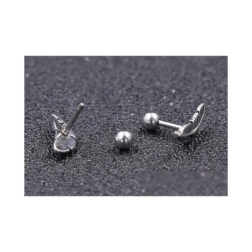 vintage black silver gold feather shape stud earring for men unisex ear studs titanium steel earrings punk body piercing jewelry