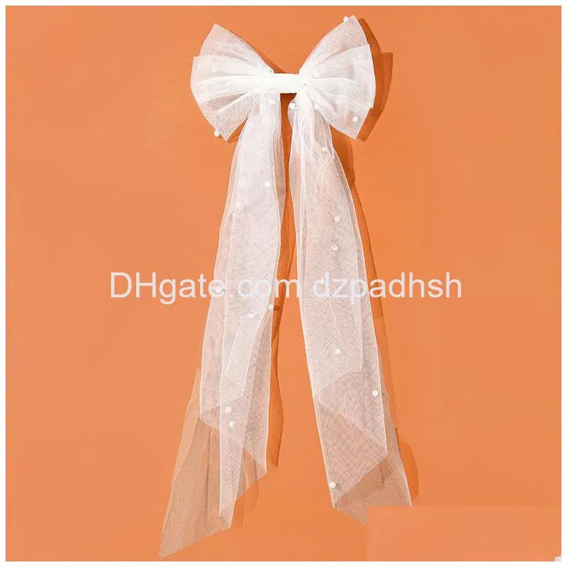 Hair Accessories Long Ribbon Mesh Bow Clips Elegant Imitation Pearls White Black Hairpins For Wedding Party Bride Drop Delivery Prod Dhoqy