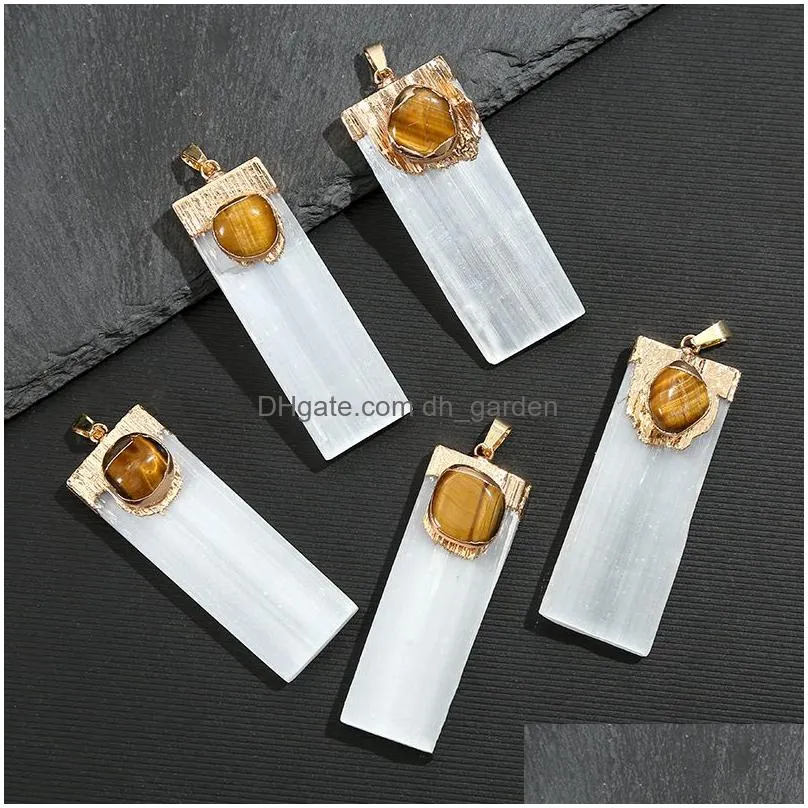 rectangle gypsum plaster raw stone charms inlaid tiger stone quartz gemstone pendants for necklace jewelry making