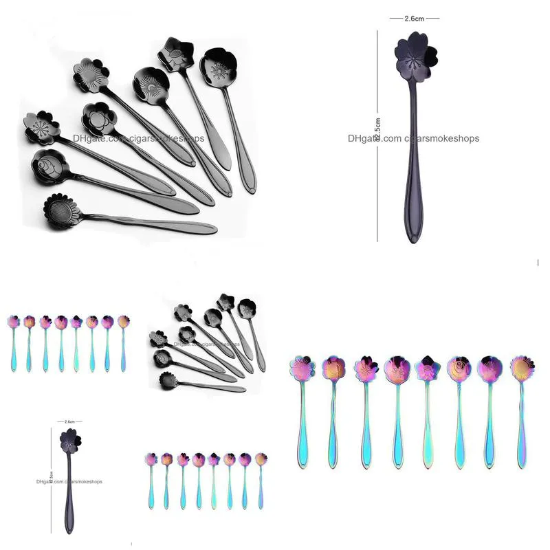 black rainbow spoons flower dessert coffee spoons stainless steel sugar spoons cutlery 8 designs for