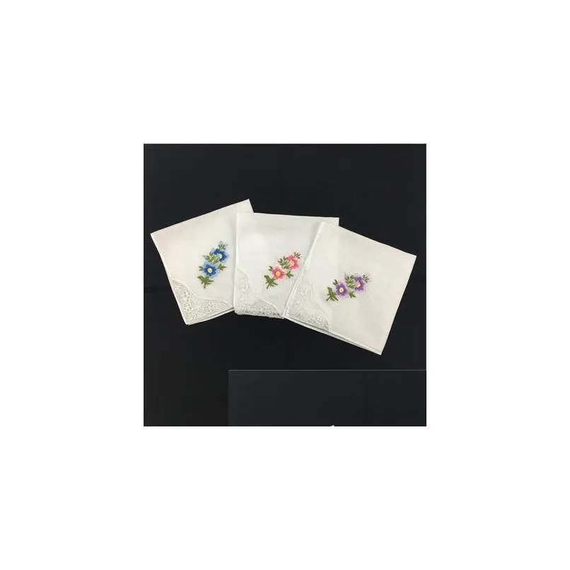 Handkerchief Women Cotton Flower Embroidered With Lace Ladies Hankies 1325 Drop Delivery Home Garden Textiles Dhzgw