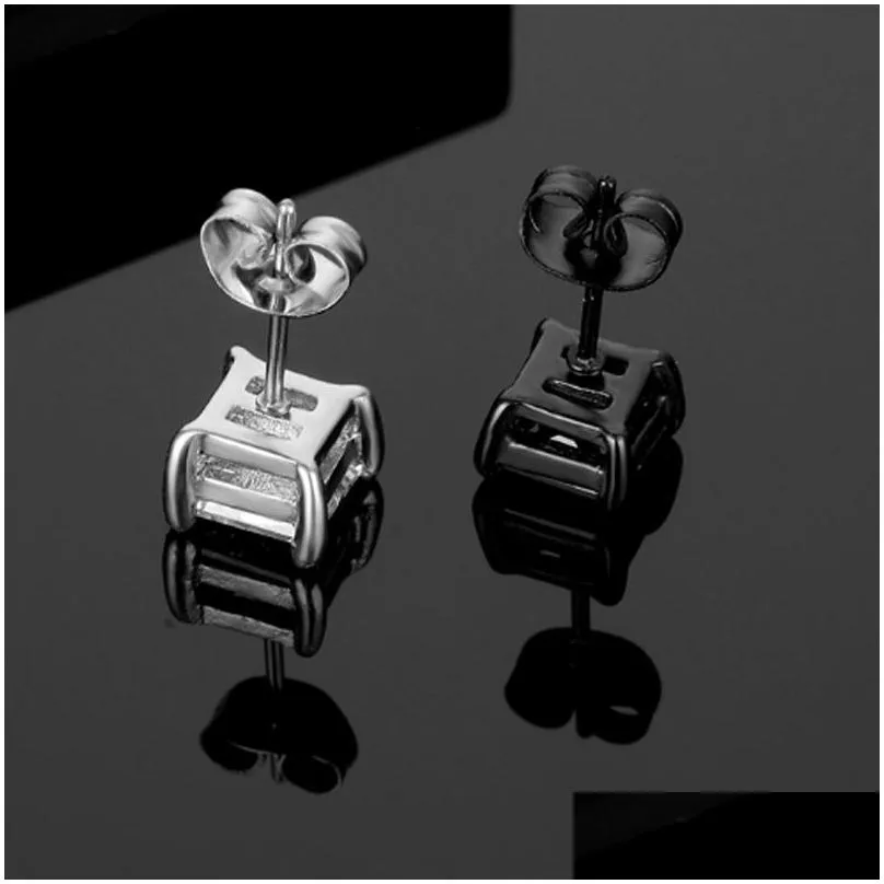 rock square 4 prong black white zirconia stud earrings for men stainless steel earrings iced out hip hop jewelry