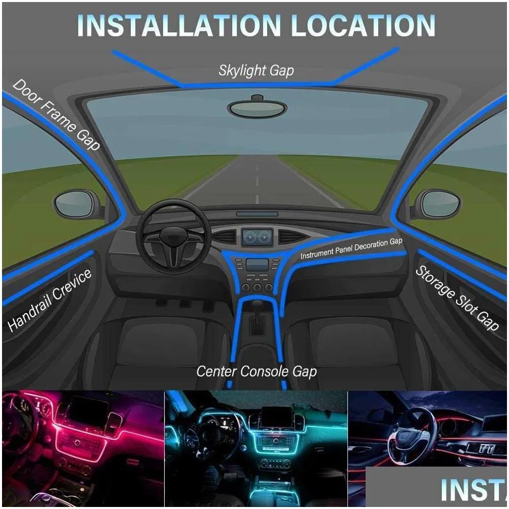 Decorative Lights 6 In 1 6M Rgb Led Car Interior Ambient Light Fiber Optic Strips With App Control Atmosphere Decorative Lamp228V Drop Dhtnb