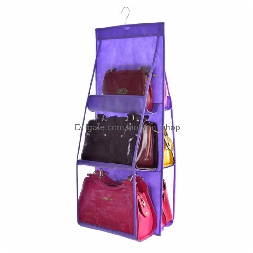 double side transparent 6 pocket foldable hanging handbag purse storage bag sundry tidy organizer wardrobe closet hanger
