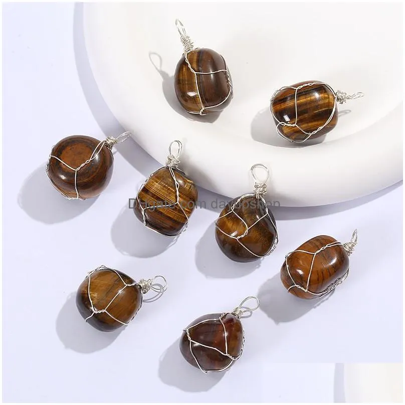 irregular natural stone charms tiger eye wire wrap quartz pendants for necklace jewelry making