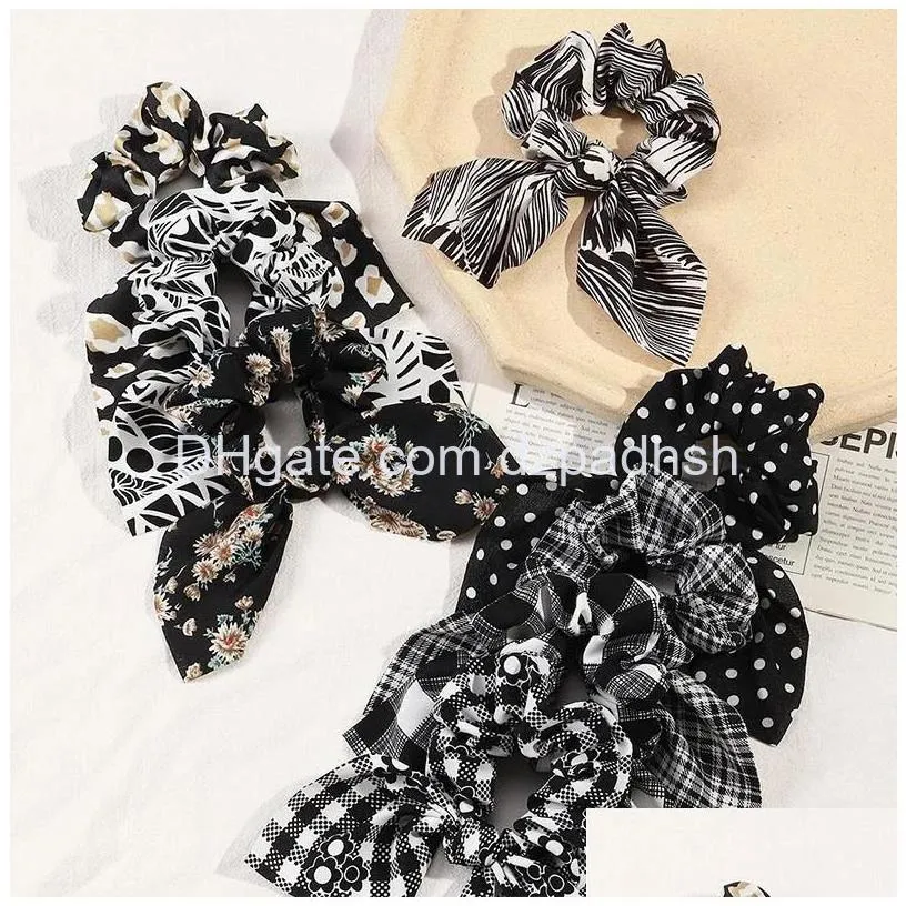 Hair Accessories Black White Plaid Rabbit Ear Scrunchies Elastic Bands Bow For Women Rope Ponytail Holder Girls Drop Delivery Product Dhjbx