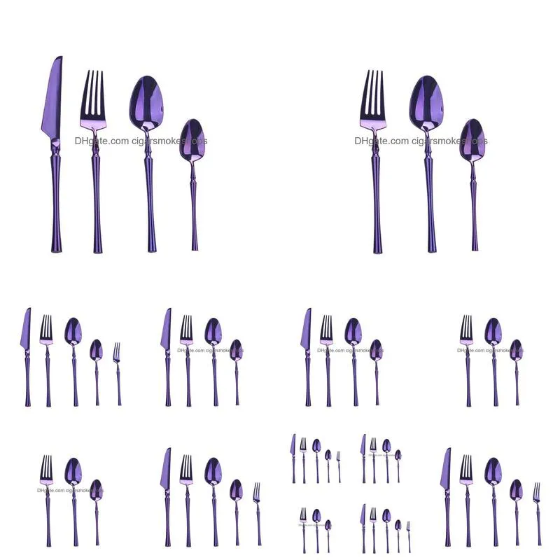 5 pcs/set purple stainless steel cutlery flatware set knife fork spoon dinnerware set western dessert high grade tableware set