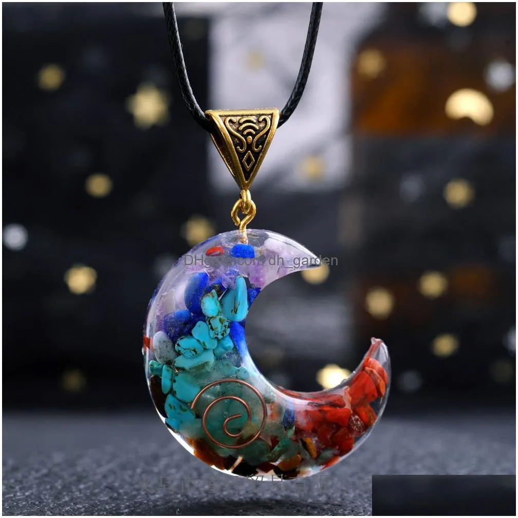natural stone charm plastic wrapped crescent moon pendant chakra crystal beads rope necklaces jewelry for girl women