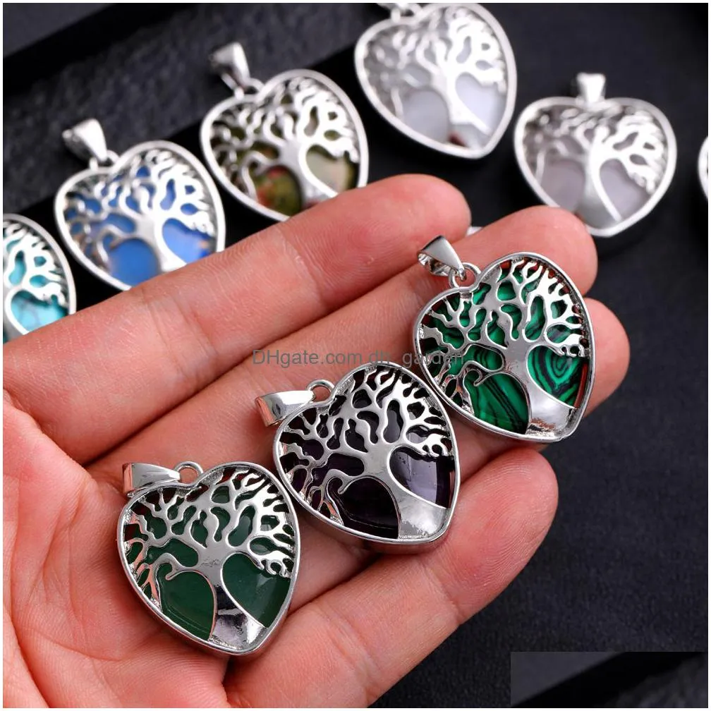natural stone heart tree of life pendant necklaces opal rose quartz tiger`s eye lapis charm necklace for women jewelry