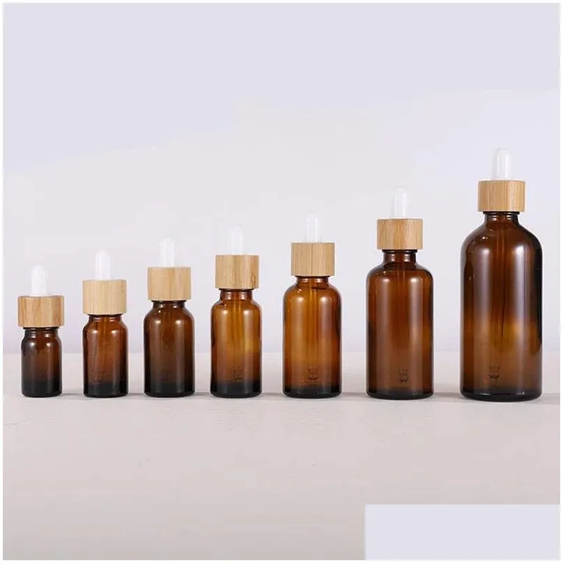 Packing Bottles Wholesale 15Ml 20Ml 30Ml 50Ml 100Ml Empty Refillable Bottle Amber Glass Dropper Vial Sample Bottles Jars With Bamboo C Dhgbr