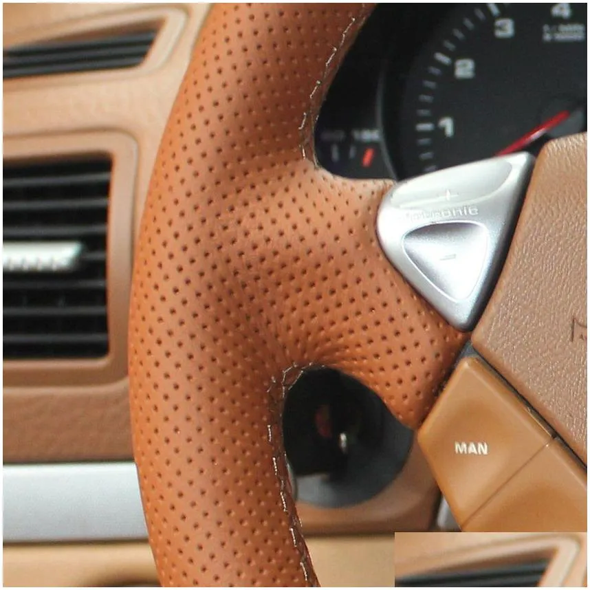 Steering Wheel Covers Orange Genuine Leather Hand-Stitched Car Steering Wheel Er For Porsche Cayenne 2007-2010286L Drop Delivery Autom Dhlsb