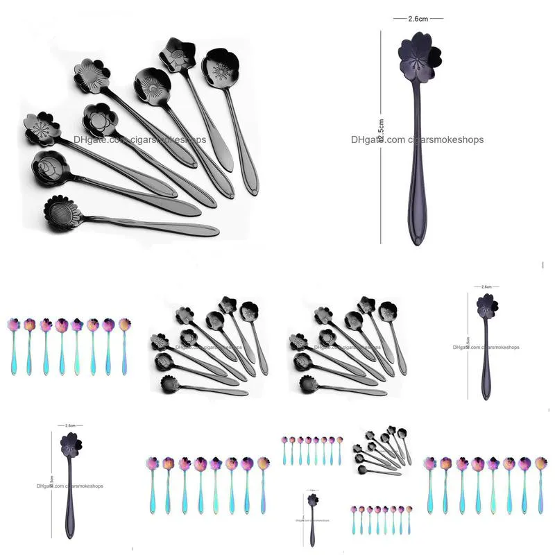 black rainbow spoons flower dessert coffee spoons stainless steel sugar spoons cutlery 8 designs for