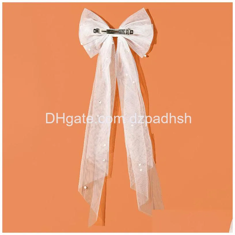 Hair Accessories Long Ribbon Mesh Bow Clips Elegant Imitation Pearls White Black Hairpins For Wedding Party Bride Drop Delivery Prod Dhoqy