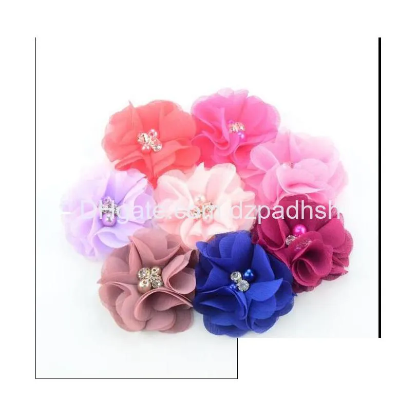 Hair Accessories 27Colors Chiffon Flowers With Pearl Rhinestone Center Artificial Flower Fabric Children Baby Headbands Drop Deliver Dh9Iu
