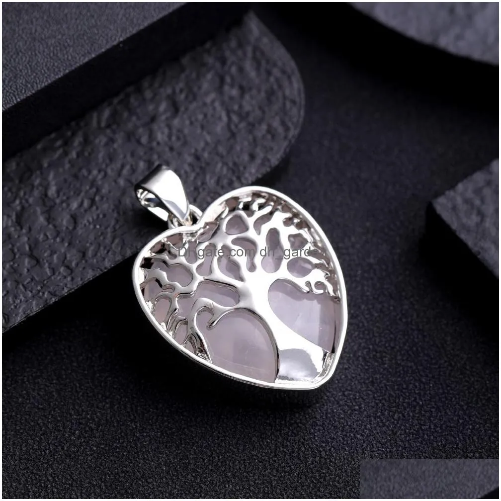 natural stone heart tree of life pendant necklaces opal rose quartz tiger`s eye lapis charm necklace for women jewelry