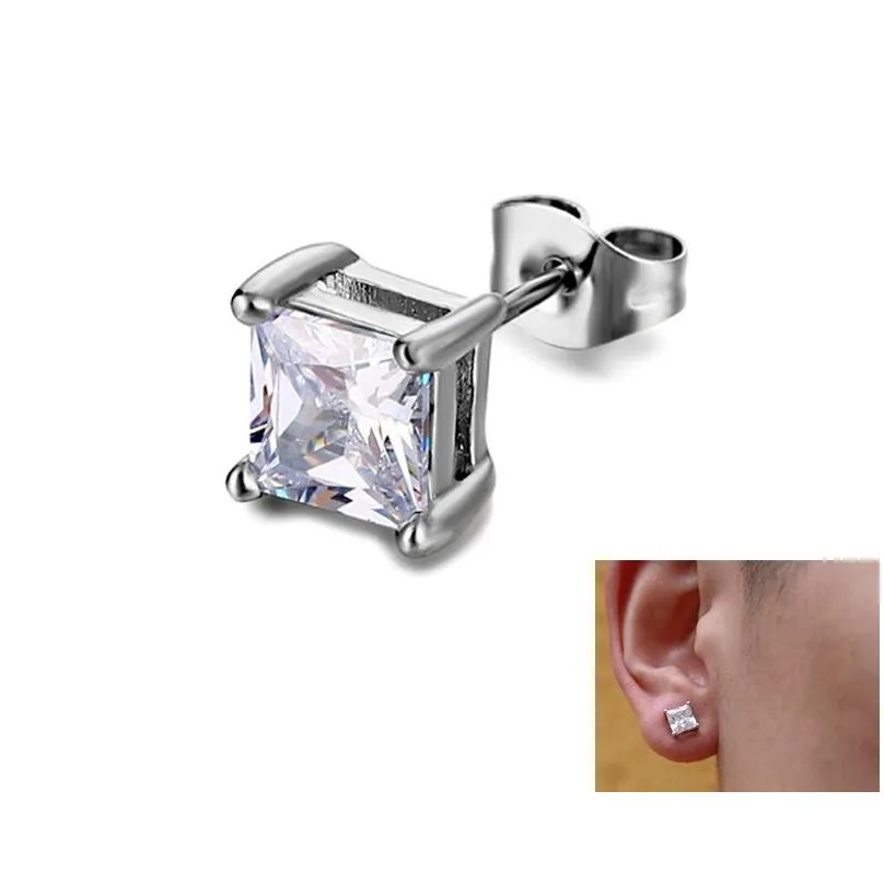 rock square 4 prong black white zirconia stud earrings for men stainless steel earrings iced out hip hop jewelry