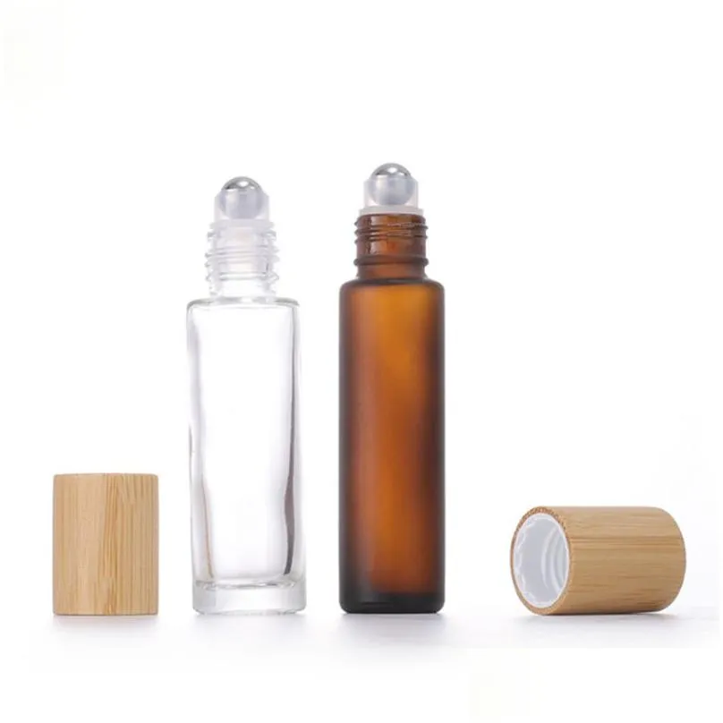 Roll On Bottles Wholesale Bamboo Cap Glass Roller Bottles 15Ml Amber Clear Frosted Cosmetic Roll On Container With Metal Ball Drop Del Dhfqt