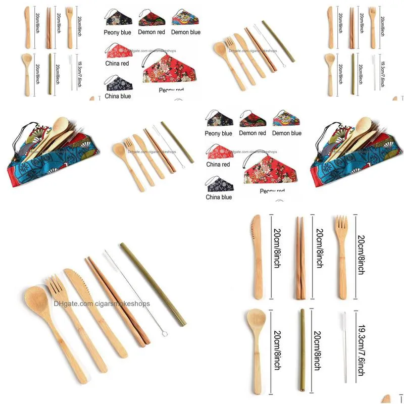 bamboo flatware portable easy carrying dinnerware set bamboo straw cutlery set with bag and brush outdoor camping