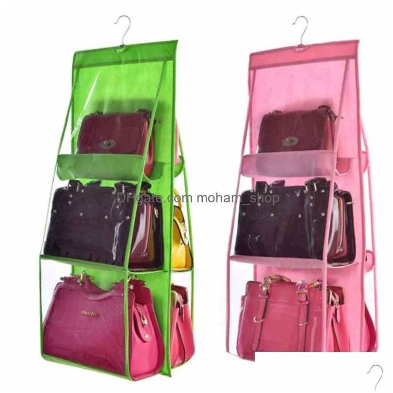 double side transparent 6 pocket foldable hanging handbag purse storage bag sundry tidy organizer wardrobe closet hanger