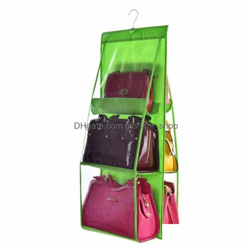 double side transparent 6 pocket foldable hanging handbag purse storage bag sundry tidy organizer wardrobe closet hanger