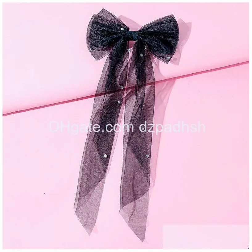 Hair Accessories Long Ribbon Mesh Bow Clips Elegant Imitation Pearls White Black Hairpins For Wedding Party Bride Drop Delivery Prod Dhoqy