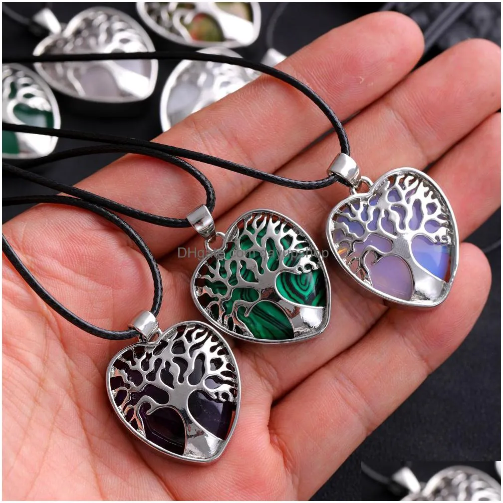 natural stone heart tree of life pendant necklaces opal rose quartz tiger`s eye lapis charm necklace for women jewelry