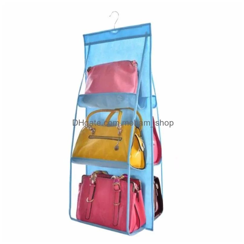 double side transparent 6 pocket foldable hanging handbag purse storage bag sundry tidy organizer wardrobe closet hanger