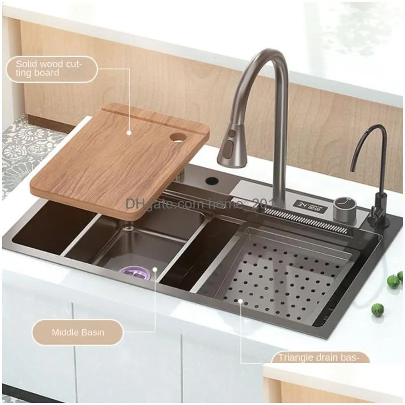 kitchen sinks waterfall sink stainless steel large modern multifuctional nano black with faucet 230616